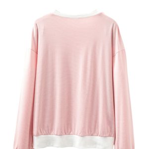 Women's Pink Stripe Contrast Edge Patchwork Long Sleeve Top - Casual Fall Wear - Main View