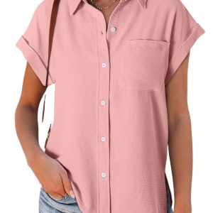 Women's Pink Solid Color Cuffed Short Sleeve Shirt – Casual Summer Essential