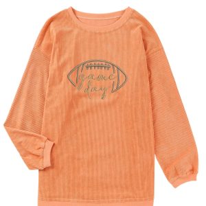 Orange Embroidered Corduroy Sweatshirt for Game Day - Casual Long Sleeve - Main View