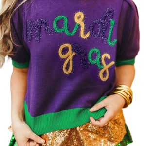 Tillandsia Purple Mardi Gras Tinsel Short Sleeve Sweater – Casual Summer Style for Women