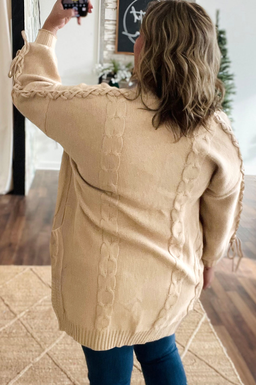 Casual Long Sleeve Open Cardigan for Women - V Neck and Lace Up Details in Parchment - Detail View 2