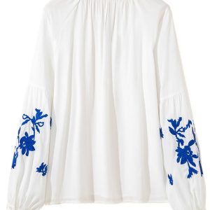 Women's White Floral Embroidered V Neck Blouse – Elegant Daily Wear for Spring - Main View