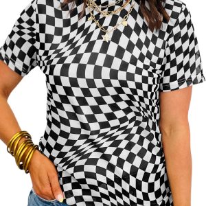 Women's Black Checkered Mock Neck Mesh T-Shirt – Casual Summer Style for Everyday Wear