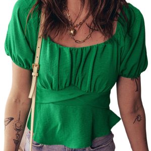 Women's Dark Green Ruched Peplum Top – Casual Short Sleeve for Daily Outings