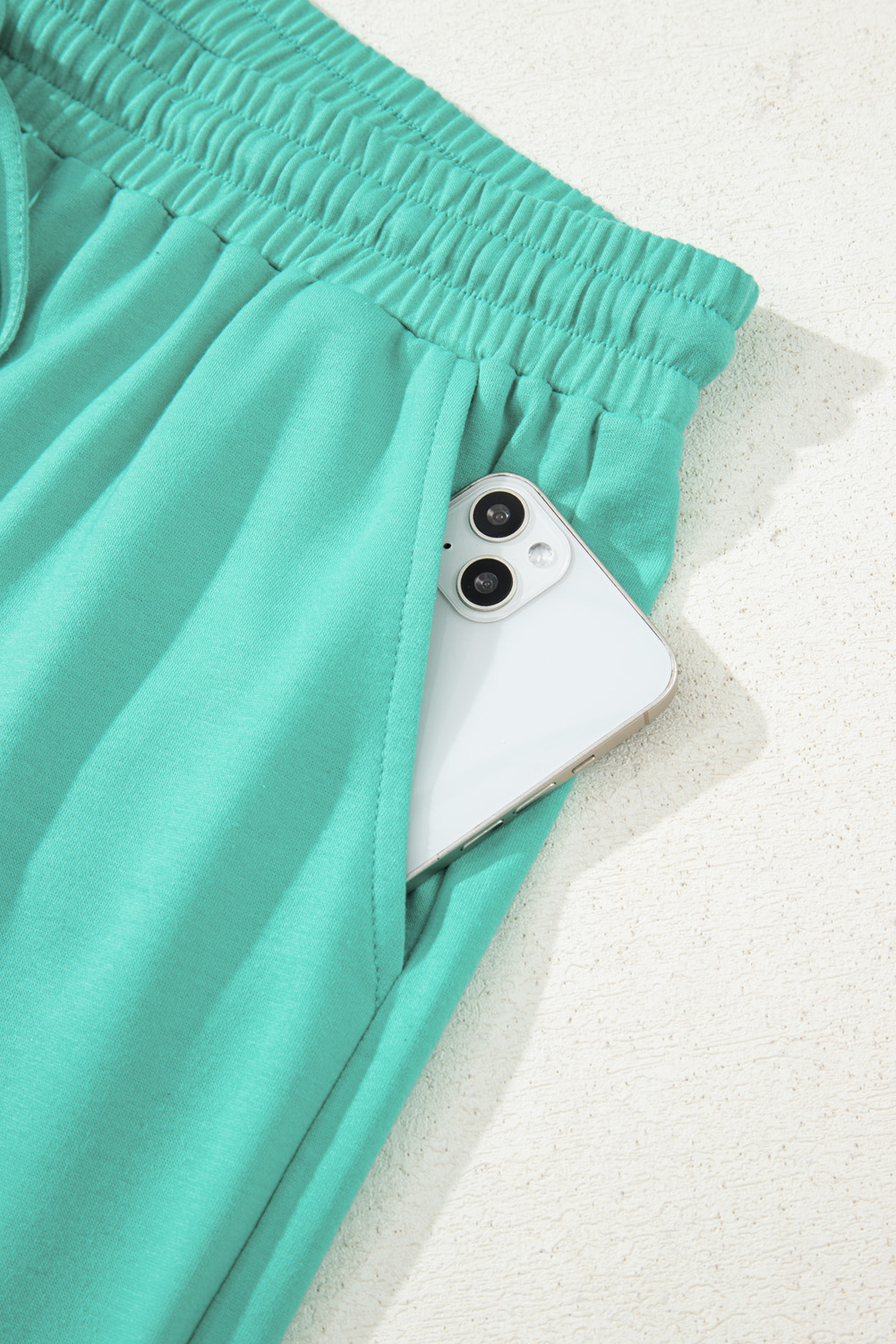 Plus Size Set, Sea Green, Drop Shoulder, V Neck, Pullover Top, Drawstring Shorts, Casual Style, Daily Wear, Fall & Autumn Fashion, Solid Color, Comfortable Outfit, High Waist, Long Sleeve, Shift Silhouette - Detail View 16