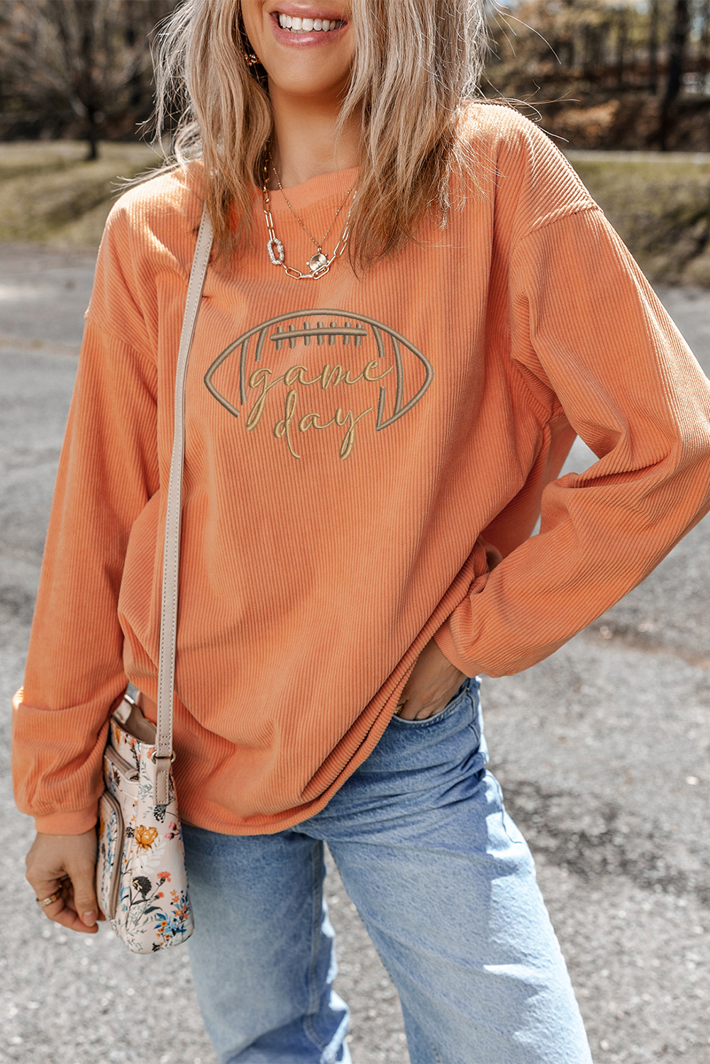Stylish Orange Rugby Game Day Sweatshirt with Letter Embroidery - Detail View 6