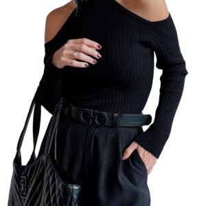 Women's Black Ribbed Knit Cold Shoulder Choker Neck Sweater - Stylish and Cozy for Fall - Main View
