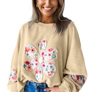 Women's Pale Khaki Floral Applique Baggy Pullover Sweatshirt – Casual Round Neck Long Sleeve for Daily Wear - Main View