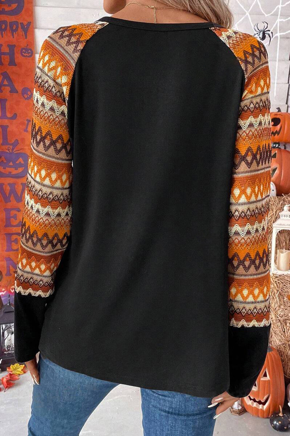 Women's Orange Cute Pumpkin Graphic Geo Print Raglan Long Sleeve Tee - Detail View 5
