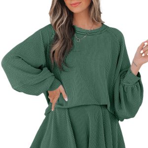 Women's Mist Green Corded Lantern Sleeve Top and High Waist Ruffled Mini Skirt Set for Daily Casual Wear - Main View