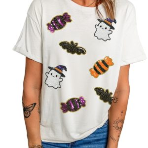 Custom White Sequined Halloween Spirit Pattern Casual Tee for Women - Main View