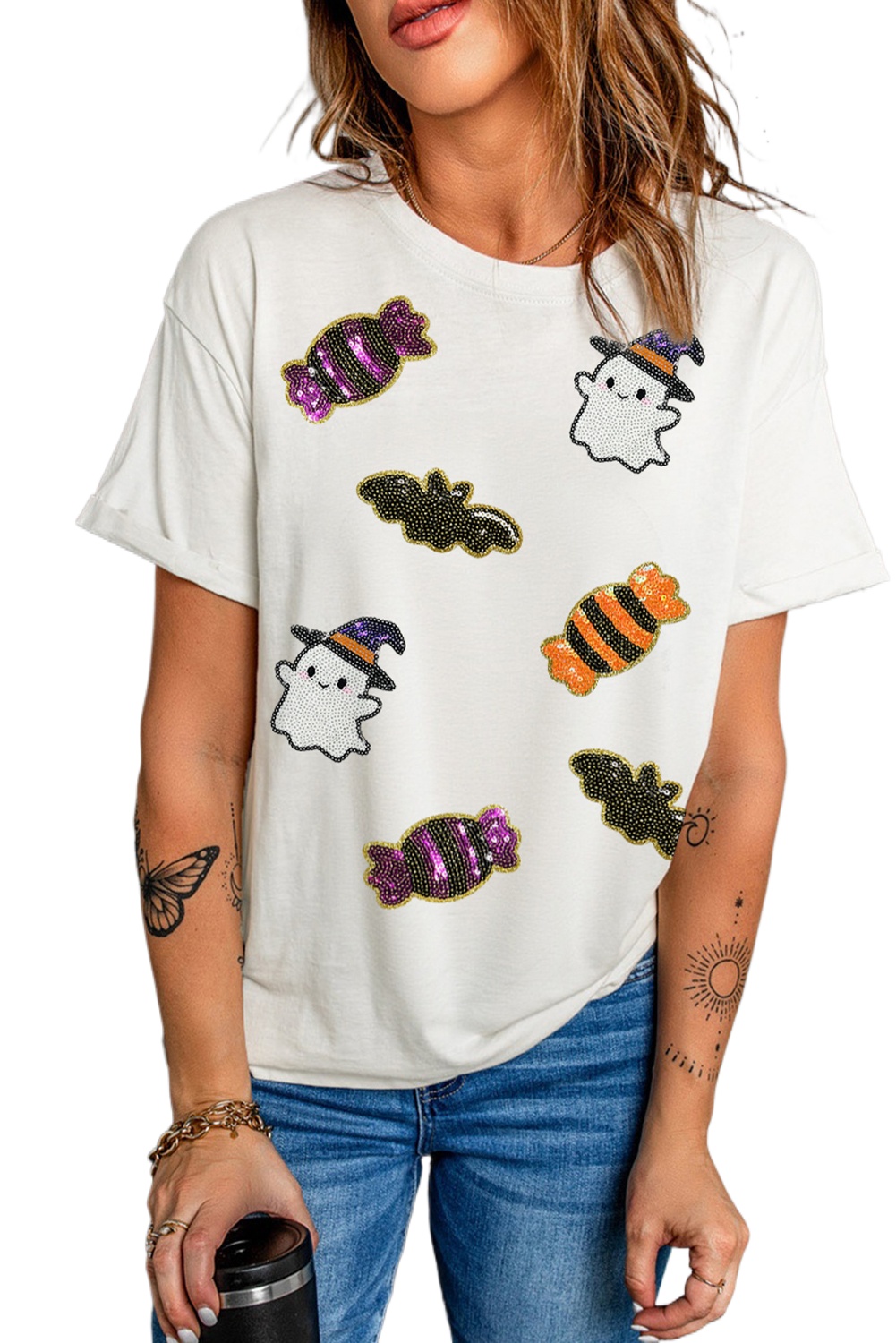 Custom White Sequined Halloween Spirit Pattern Casual Tee for Women - Main View