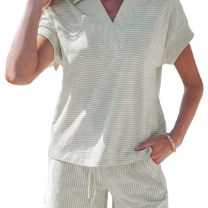 Women's Khaki Stripe Polo Shirt and Shorts Set – Casual Dolman Sleeve V-Neck 2-Piece Outfit - Main View