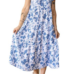 Women's Blue Ruffled Floral Midi Dress – Casual Summer Style for Everyday Elegance