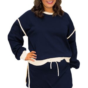 Navy Blue Plus Size Color Block Drop Shoulder Long Sleeve Top and Lace-Up Skirt Outfit - Main View