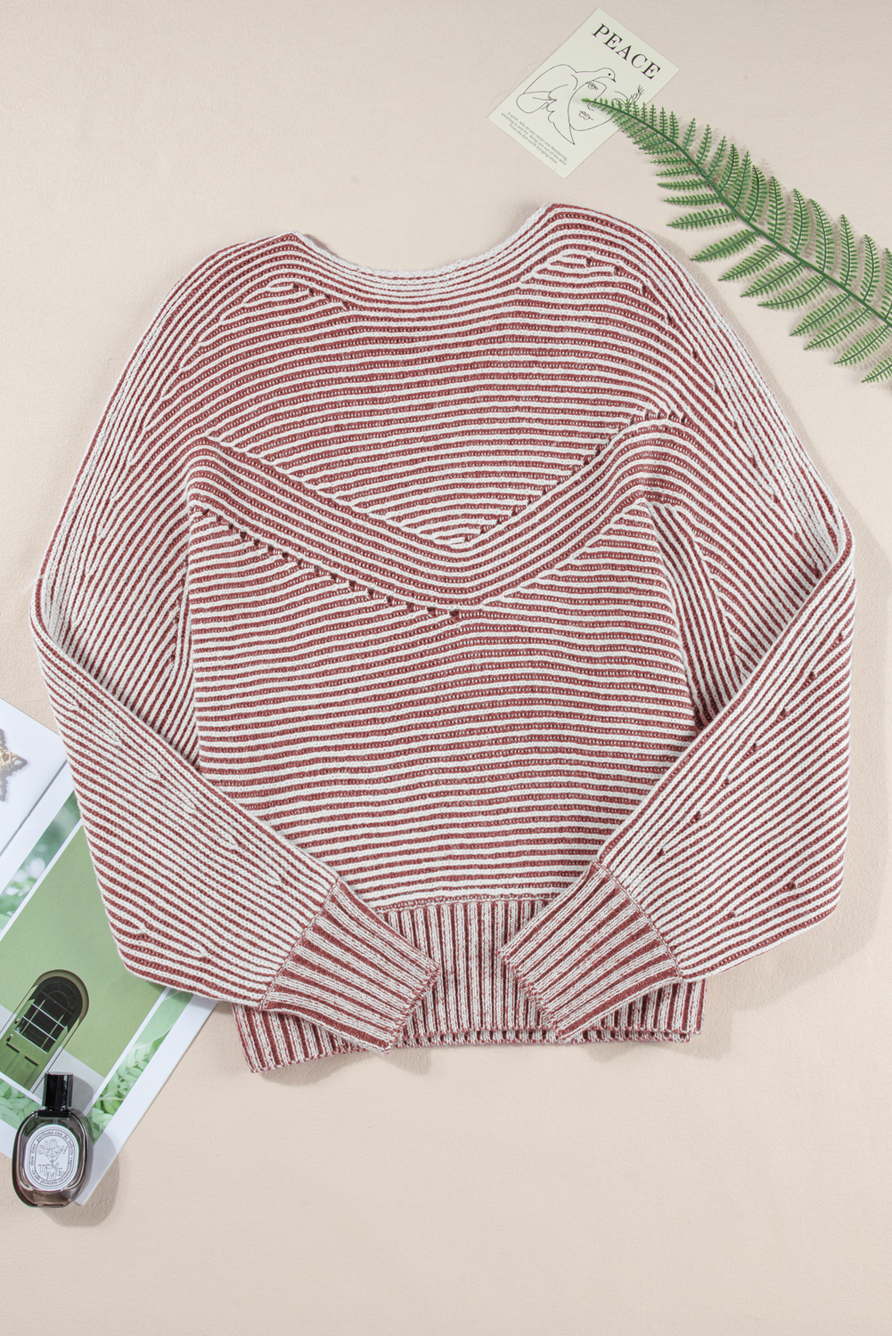 Women's Sweater, Red Dahlia, Striped Print, Ribbed Knit, Boat Neck, Casual Style, Long Sleeve, Daily Wear, Fall Fashion, Autumn Outfit, Comfortable Knitwear, Versatile Top - Detail View 12