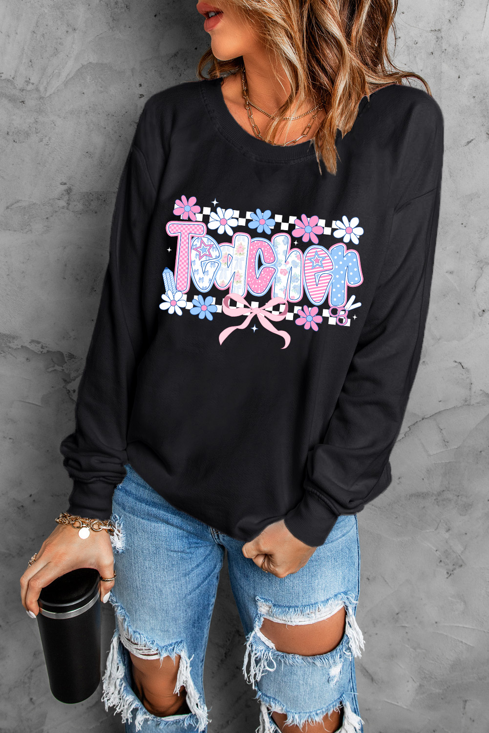 Women's Sweatshirt, Black Pullover, Teacher Graphic, Floral Pattern, Letter Print, Casual Wear, Long Sleeve, Round Neck, Comfortable, Lightweight, Daily Wear, Relaxed Fit, Slogan Design, Graphic Sweatshirts - Detail View 8