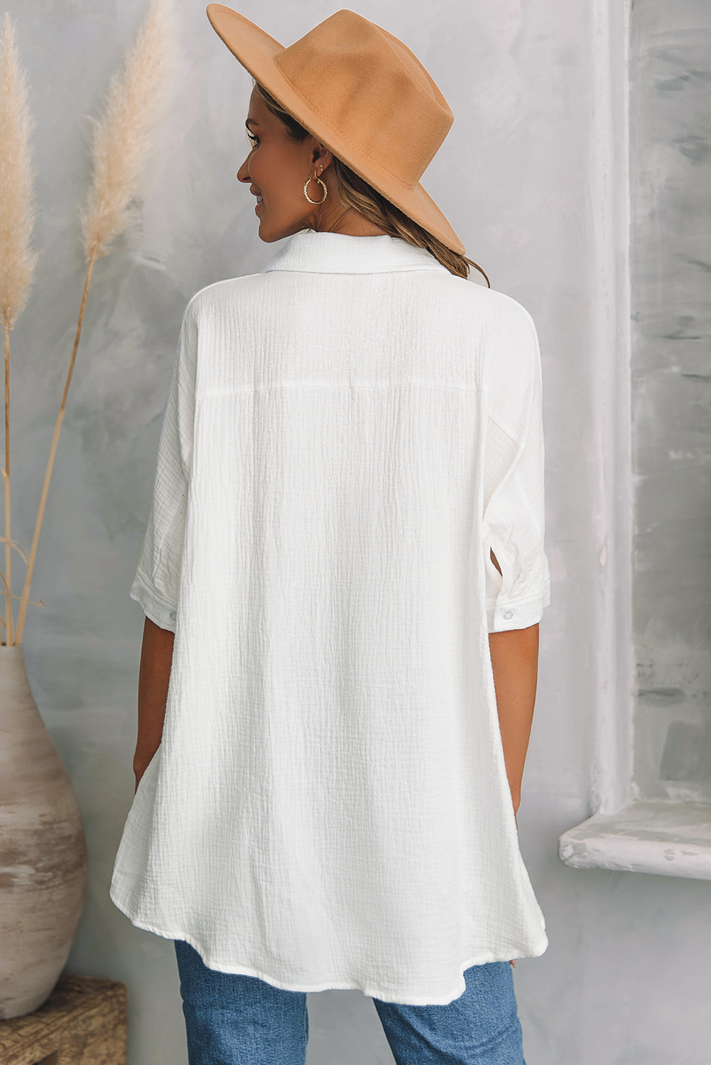 Casual Summer Oversized Shirt in White - 100% Cotton with Pocket Detail - Detail View 2