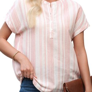 Casual Fiery Red Short Sleeve Blouse for Women – Breathable Gauze with Half Button Design