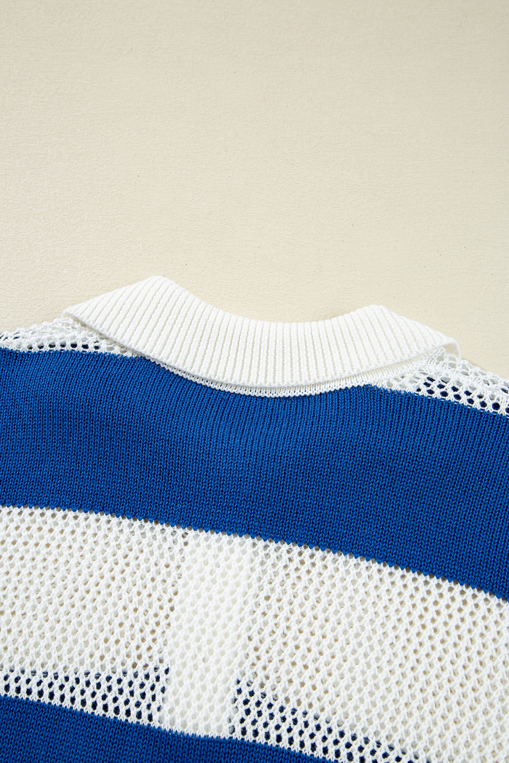 Women’s Sweater, Blue Stripe, Colorblock, Polo Collar, Eyelet Crochet, Knitted Sweater, Long Sleeve, Casual Style, Fall Fashion, Comfortable Knitwear, Semi-Transparent Design, Drop Shoulder, Daily Wear, Unique Details, Textured Fabric - Detail View 16