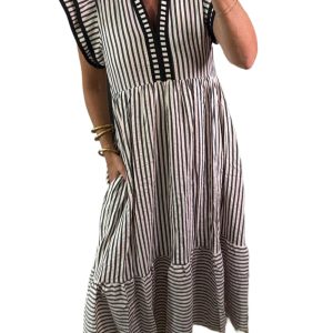 Women's Black Stripe Midi Dress with Ruffled Short Sleeves – Casual Summer Style