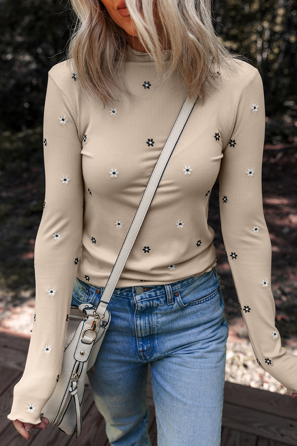 Women's Jet Stream Floral Embroidered Ribbed Long Sleeve Top - High Neck Casual Elegance - Detail View 5