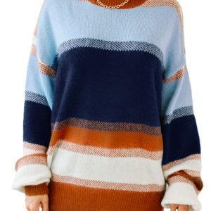 Women's Dark Blue Color Block Round Neck Tunic Sweater for Casual Fall Style - Main View