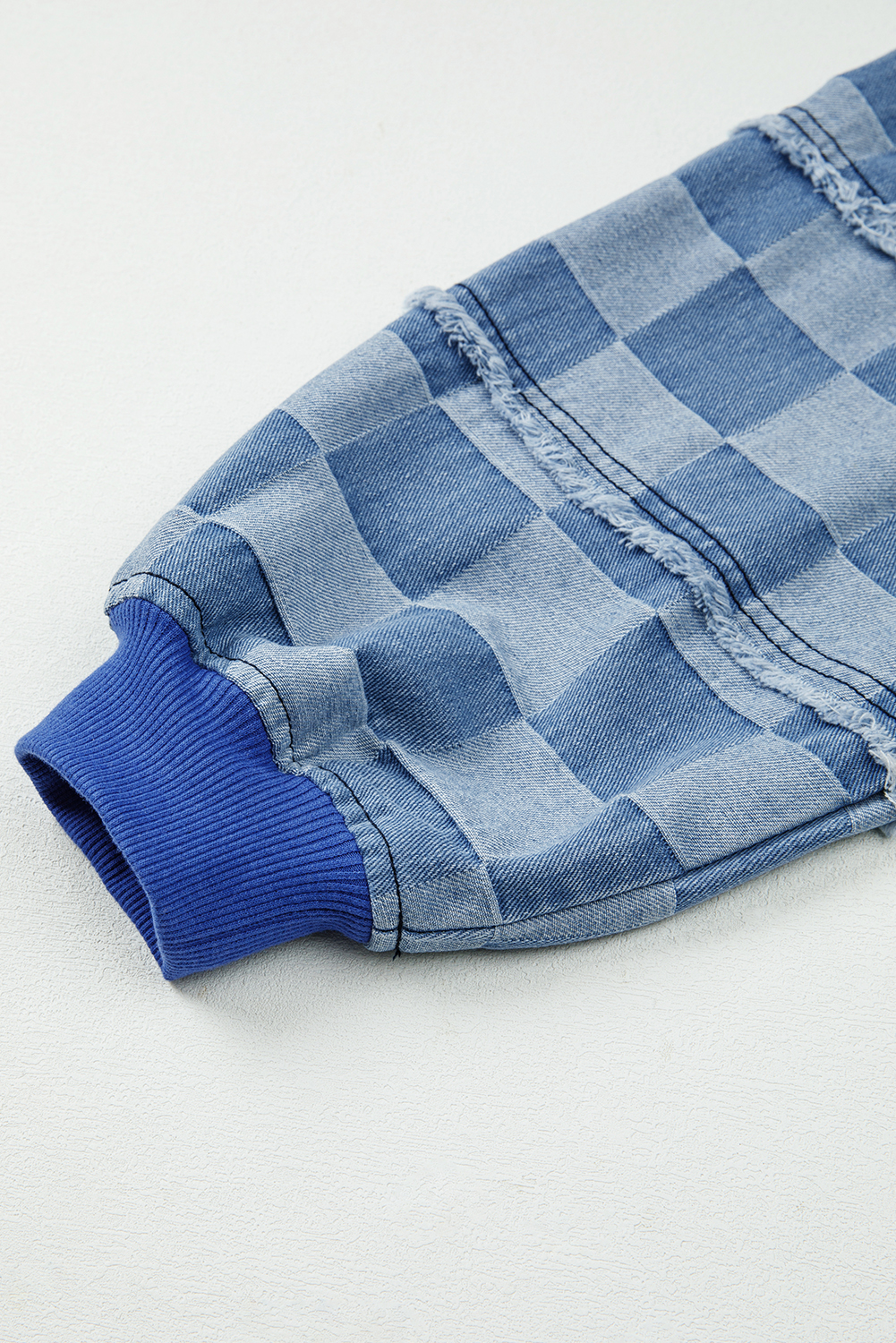 Sky Blue Oversized Denim Pullover with Checkerboard Splicing and Raw Detail - Detail View 9