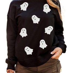 Women's Black Sequin Halloween Ghost Patched Drop Shoulder Sweatshirt - Main View