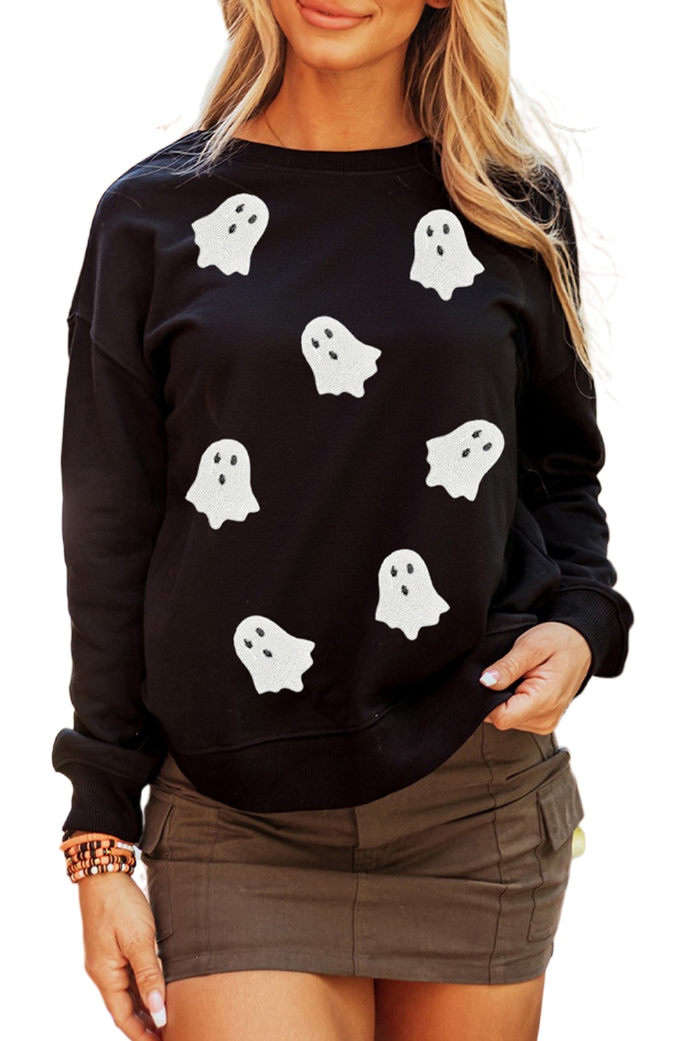 Women's Black Sequin Halloween Ghost Patched Drop Shoulder Sweatshirt - Main View