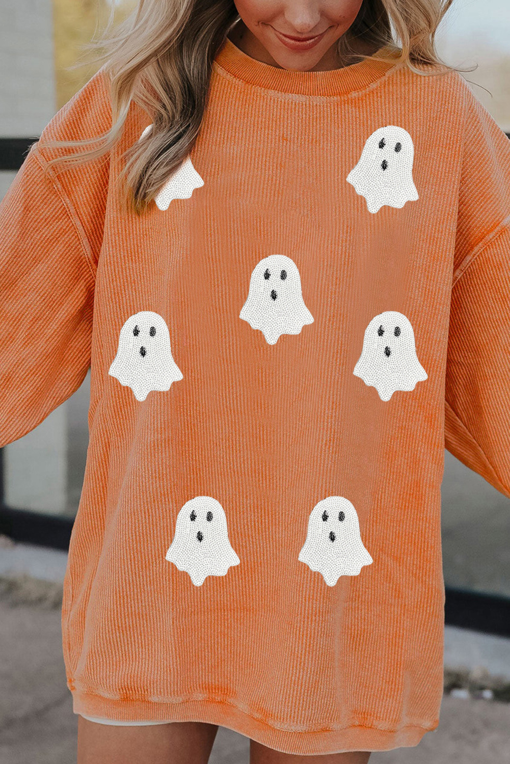 Stylish Fall & Autumn Orange Pullover - Twisted Ribbed Texture with Sequin Accent - Detail View 3