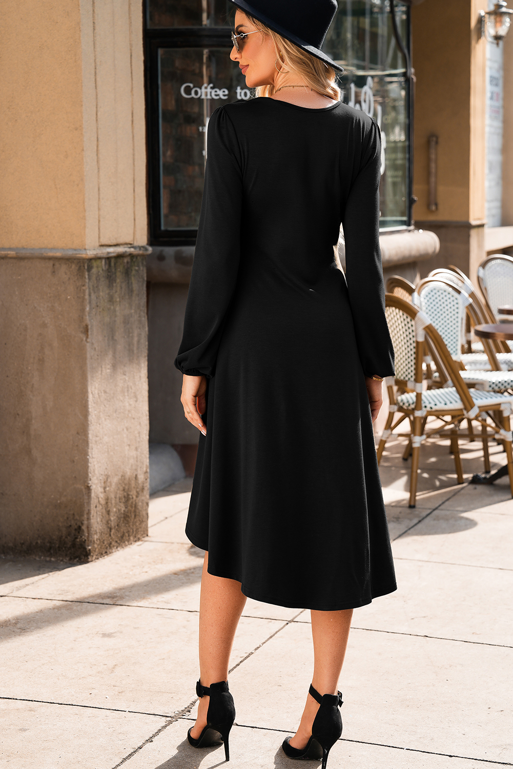 Elegant Black Solid Color Ruched Detail Long Sleeve Midi Dress - Detail View 5