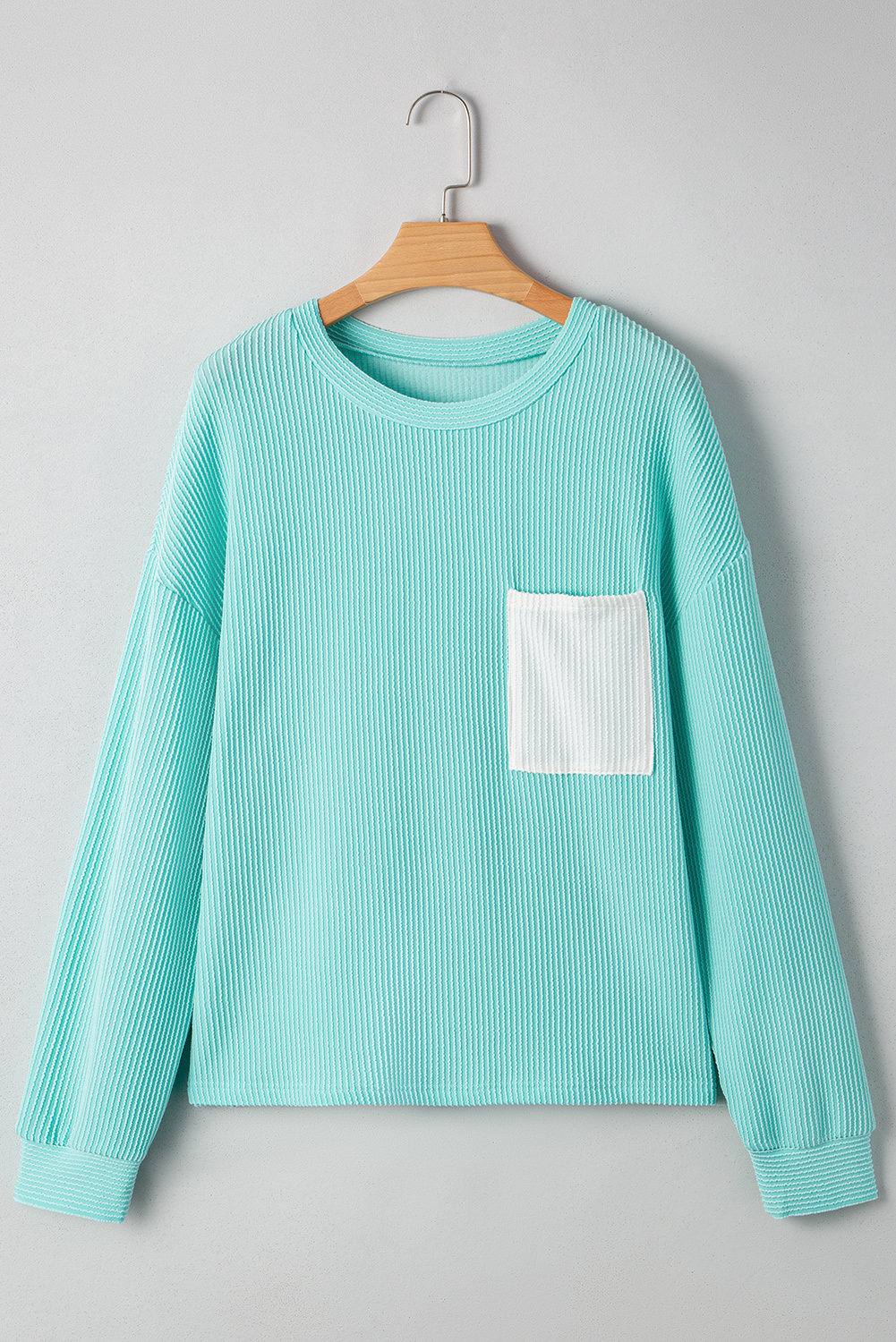 Women's Iceland Blue 3D Ribbed Texture Long Sleeve Top with Contrast Patched Pocket - Detail View 5