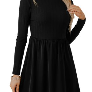 Women's Black Frilled Neck Ribbed Knit Long Sleeve Mini Dress - Main View