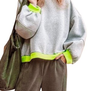 Women's Light Grey Contrast Color Banding Patchwork Puff Sleeve Loose Sweatshirt - Main View