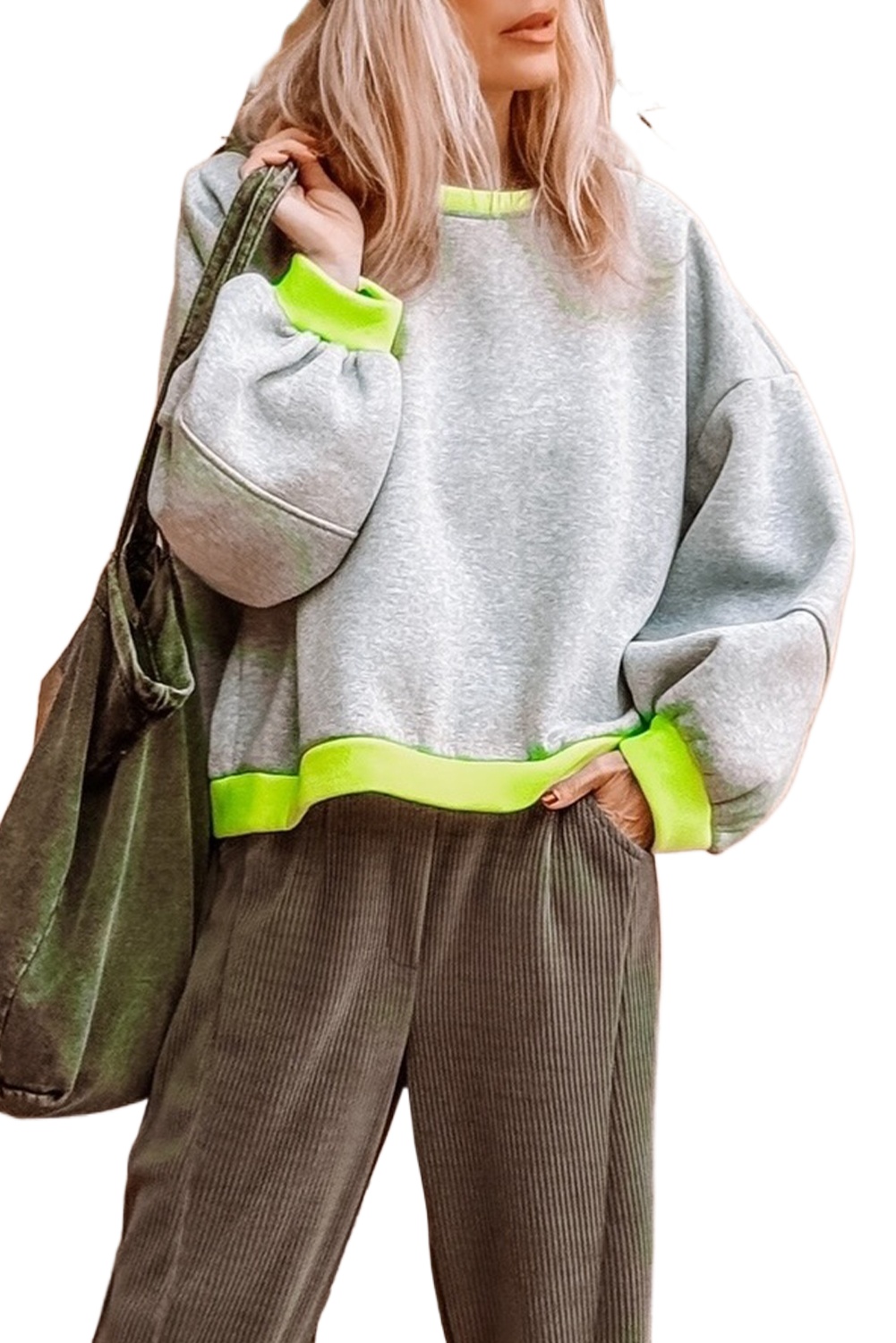 Women's Light Grey Contrast Color Banding Patchwork Puff Sleeve Loose Sweatshirt - Main View