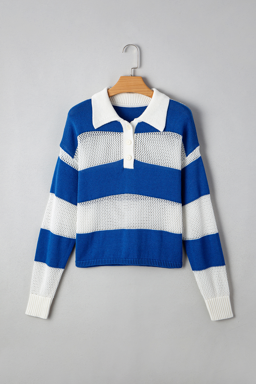 Soft and Textured Fall Sweater - Blue Striped Colorblock with Shell Buttons - Detail View 7