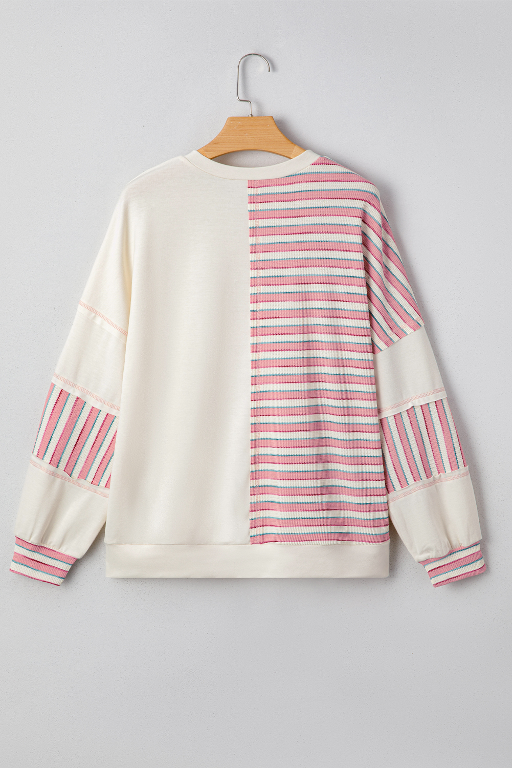 Casual V Neck Long Sleeve Top - Pink Striped Patchwork Design - Detail View 10
