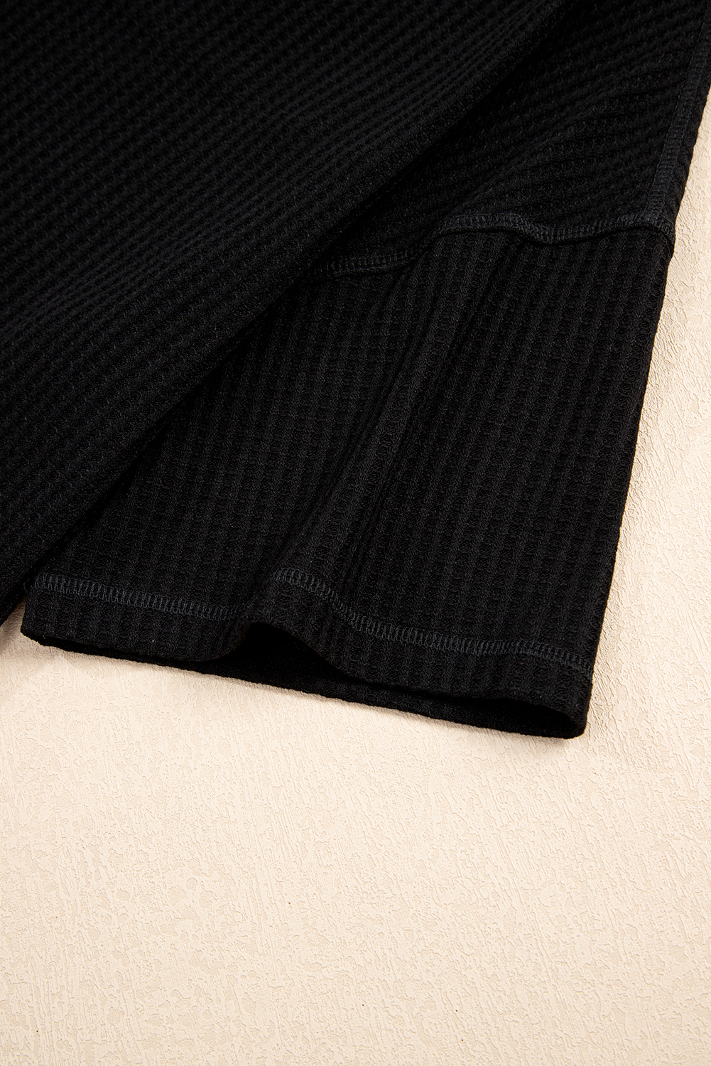 Women's Black Waffle Texture Ribbed V Neck Drop Shoulder Loose Tee - Casual Summer Top - Detail View 13