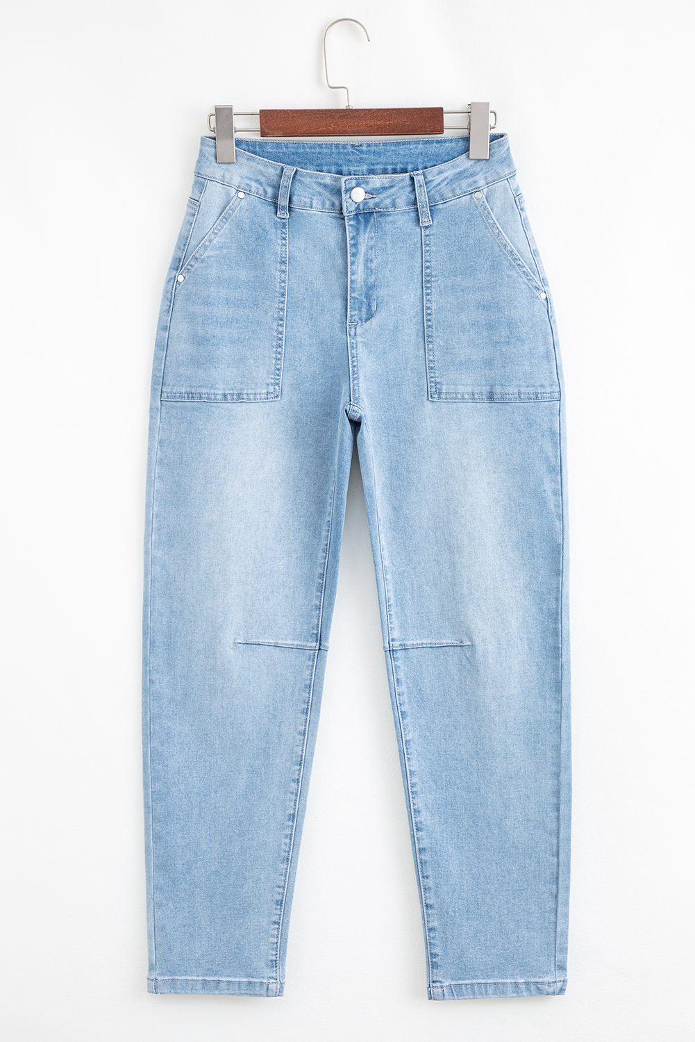 Women's Beau Blue High Rise Barrel Relaxed Jeans with Patch Pockets - Detail View 5