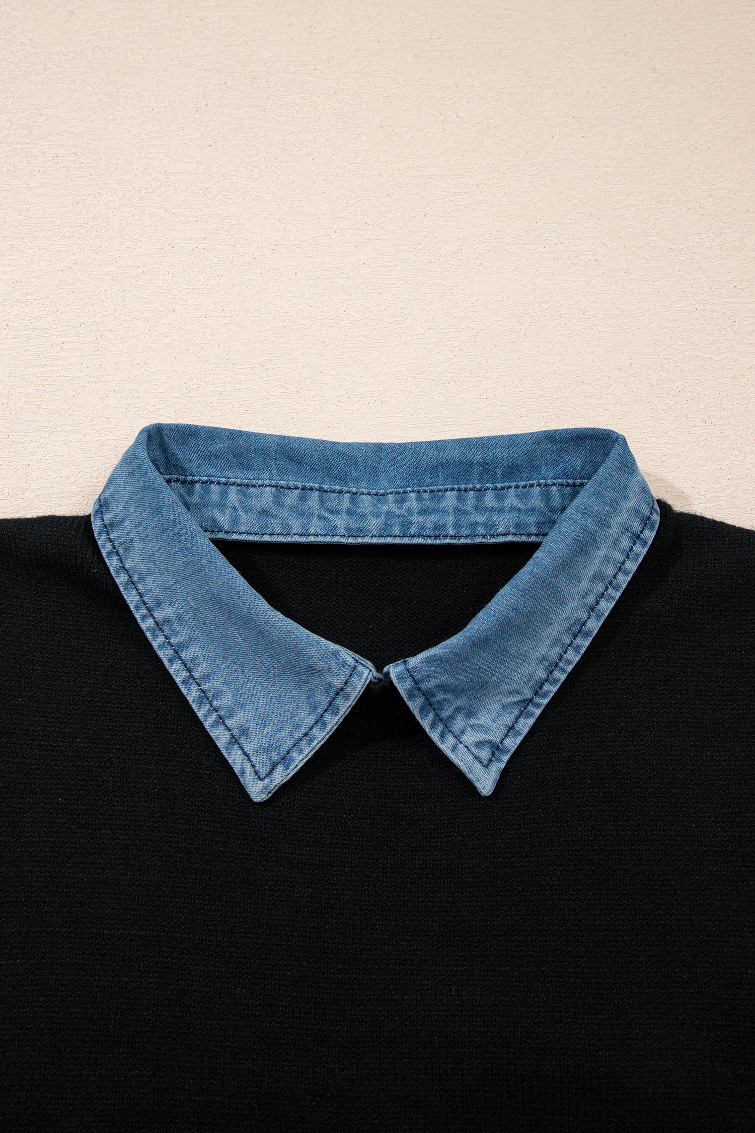 Women's Casual Black Knit Vest with Denim Collar – Trendy Summer Patchwork Sleeveless Sweater Top - Detail View 9