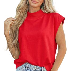 Women's Racing Red High Neck Cap Sleeve Top – Casual Solid Color Shift Blouse for Summer - Main View