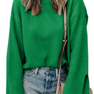 Women's Dark Green Oversized Sweater – Textured Knit Drop Shoulder for Daily Wear