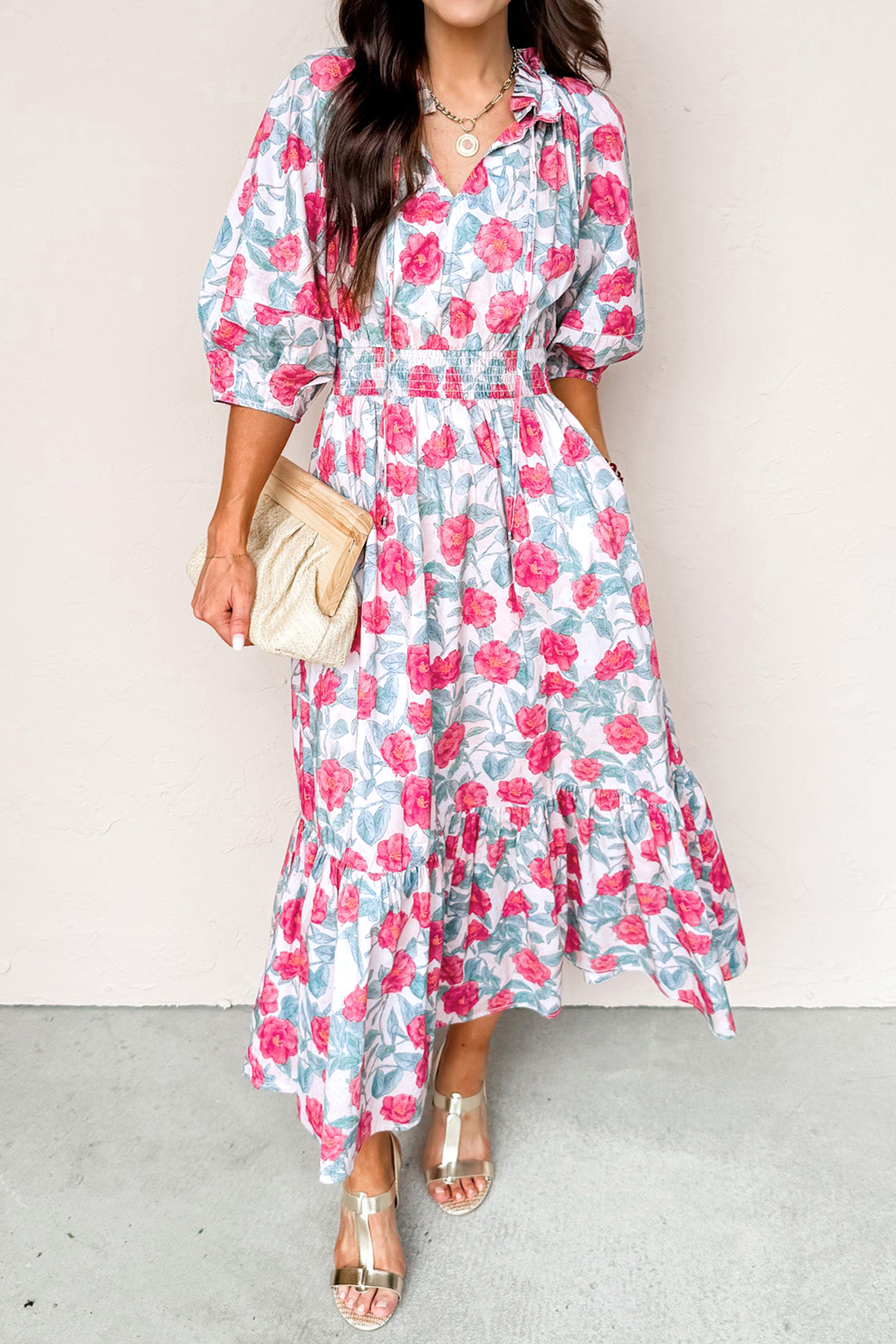Southern Belle Women's Red Floral Dress – Short Puff Sleeve High Waist A-Line Vacation Midi Dress - Detail View 2