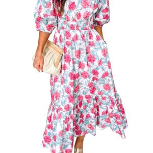 Women's Floral Puff Sleeve Midi Dress – Elegant Red A-Line High Waist Summer Dress with Pockets - Main View