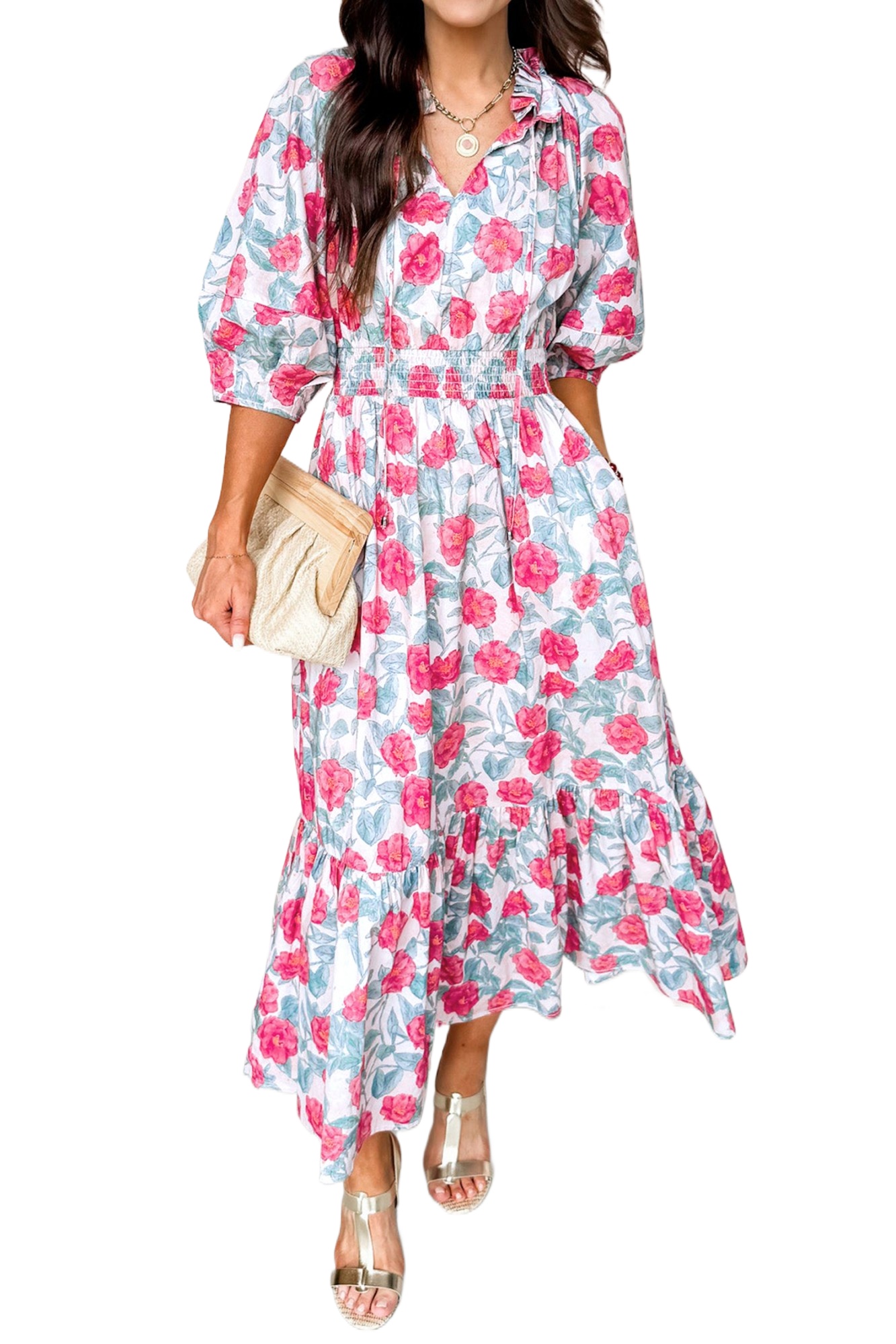 Women's Floral Puff Sleeve Midi Dress – Elegant Red A-Line High Waist Summer Dress with Pockets - Main View