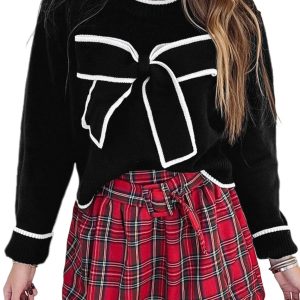 Women's Black Contrast Trim Cropped Sweater with Big Bow – Casual Style for Daily Wear - Main View