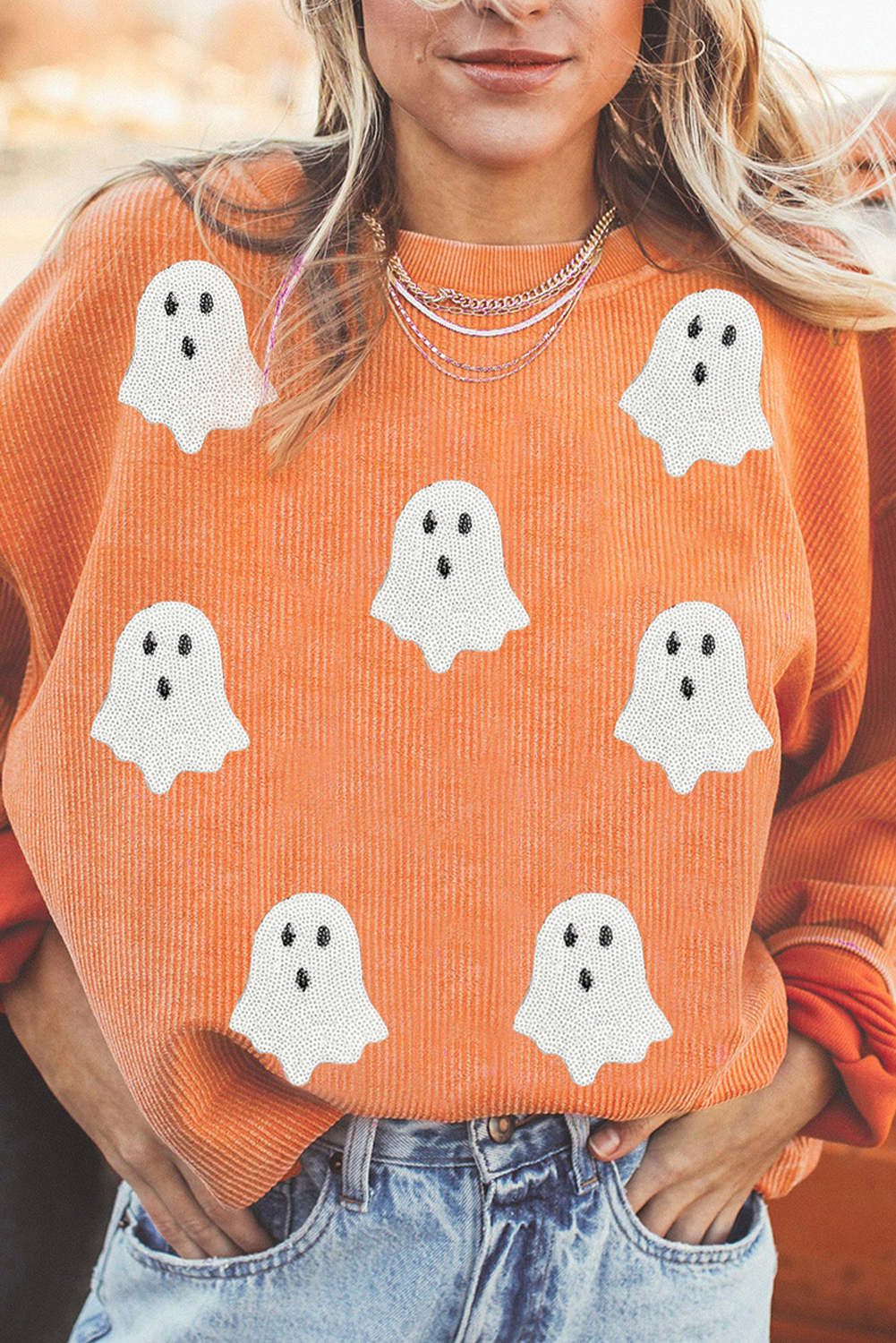 Casual Long Sleeve Orange Sweatshirt with Halloween Ghost Sequin Details - Detail View 6