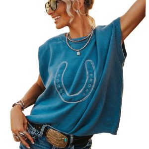 Women's Light Blue Horse Shoe Embroidered Short Sleeve Sweater – Casual Western Style for Daily Wear - Main View