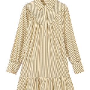 Women's Brown Stripe Collared Neck Cuffed Long Sleeve Drop Waist Mini Dress - Main View